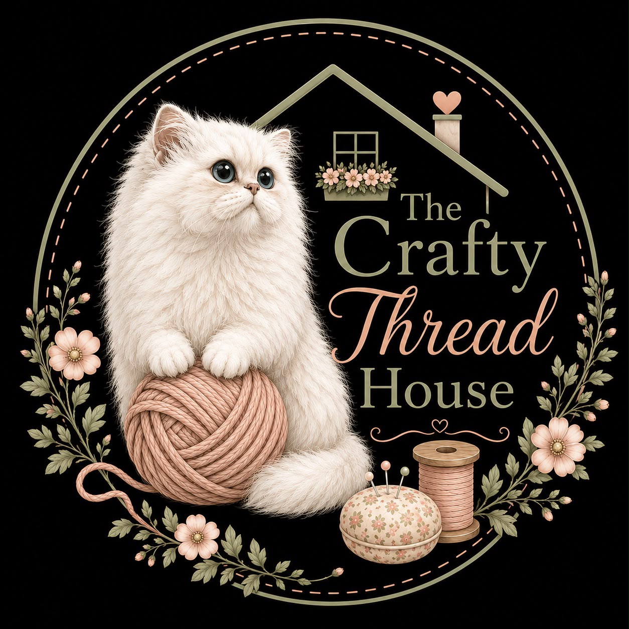 The Crafty Thread House logo, featuring a white cat with peach yarn and floral detailing